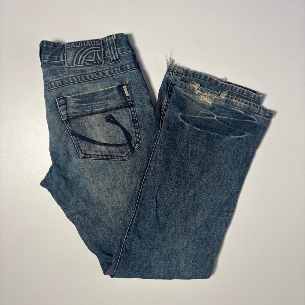 2000s Bauhaus Distressed Bootcut Blue Denim Jeans - 32